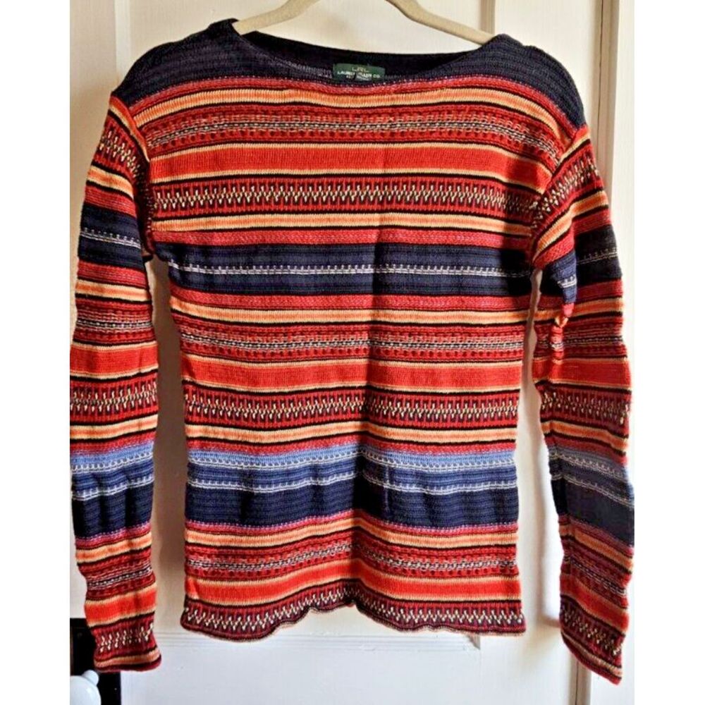 LRL Lauren Jeans‎ stripe linen cotton blend sweater pullover boat neck woman XS